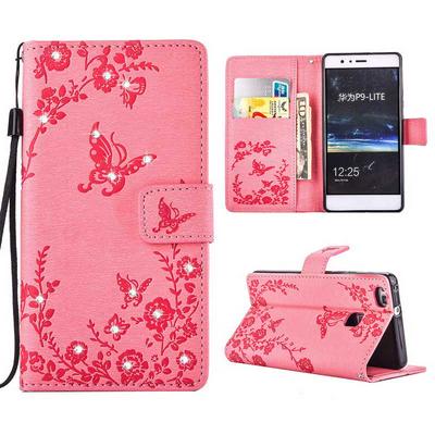 Embossed Flower Pattern Diamond Studded Wallet Style Magnetic Flip Card Holder Wrist Srap With Stand TPU + PU Leather Case for Huawei Ascend P9 Lite - Pink