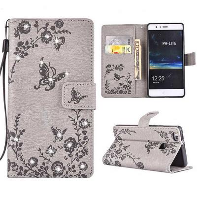 Embossed Flower Pattern Diamond Studded Wallet Style Magnetic Flip Card Holder Wrist Srap With Stand TPU + PU Leather Case for Huawei Ascend P9 Lite - Grey