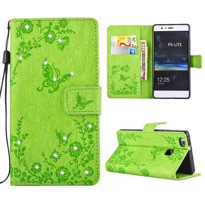 Embossed Flower Pattern Diamond Studded Wallet Style Magnetic Flip Card Holder Wrist Srap With Stand TPU + PU Leather Case for Huawei Ascend P9 Lite - Green