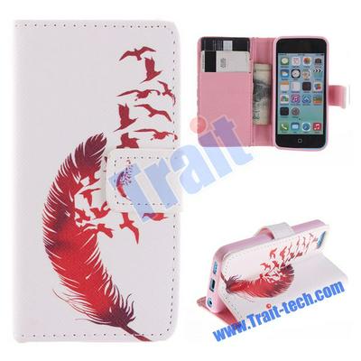 Cross Pattern Wallet Style Magnetic Flip Stand TPU+ PU Leather Case for iPhone 5C(Red Feathers Pattern)