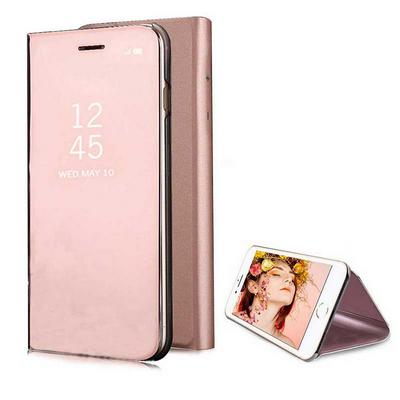 Clear View Cover Electroplated Mirror Translucent PU Leather + PC with Triangle Viewing Stand Flip Case for iPhone 7 / 8 - Rose Gold