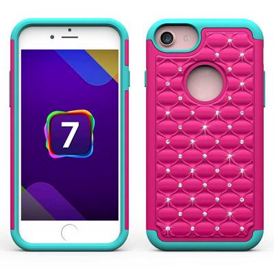 Detachable 2 in 1 Shiny Diamond Silicone + PC Back Case for iPhone 7 - Rose Red + Blue