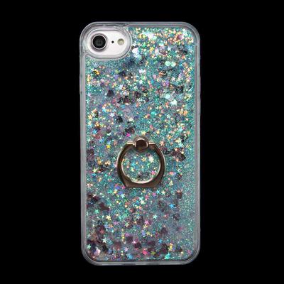 Hard PC + TPU Back Cover Case with Ring Kickstand and Liquid Bling Glitter Power for iPhone 7 - Cyan