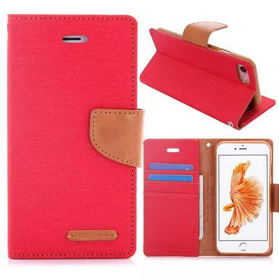 Mercury Canvas Diary Series Wallet Style Flip Card Slot Stand TPU+ PU Leather Case for iPhone 7 - Red