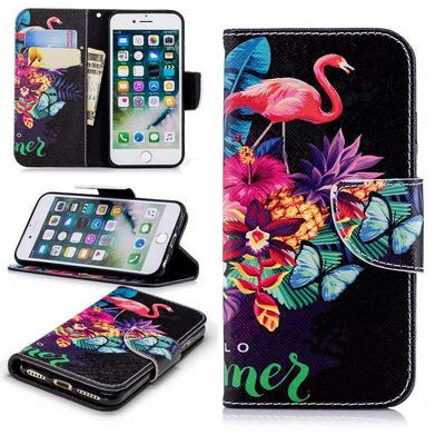 The 7th Colored Painting with Wallet Card Slots Stand Magnetic Flip PU Leather + TPU Back Cover Case for iPhone 7 / 8 - Flamingo