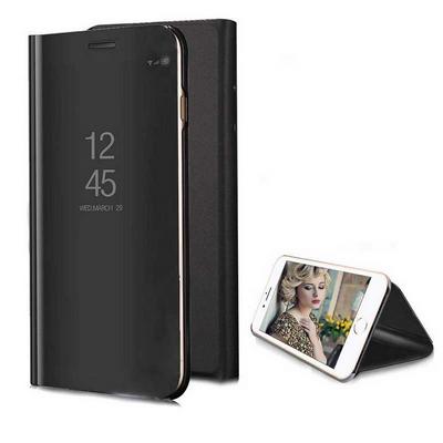 Clear View Cover Electroplated Mirror Translucent PU Leather + PC with Triangle Viewing Stand Flip Case for iPhone 7 Plus / 8 Plus - Black