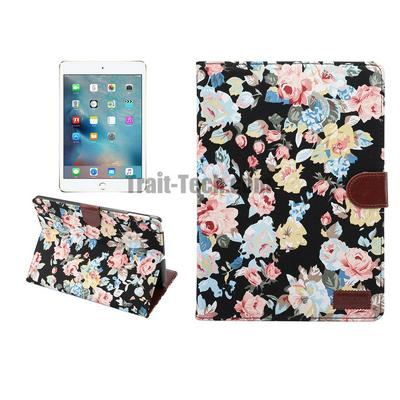 Flower Cloth Smart Wake Sleep Wallet Style PU Leather + Hard PC Card Holder with Stand and Magnetic Buckle Case for iPad 5 / 6 / 9.7 (2017) / 9.7 2018  / Air / Air 2 - Black Flower