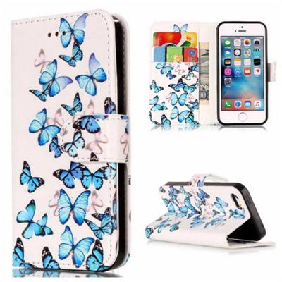 Wallet Style PU Leather + Soft TPU Card Holder with Stand and Magnetic Buckle Case for iPhone SE / 5 / 5S - Butterflies