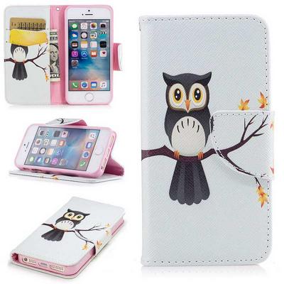 Colored Painting PU Leather + Soft TPU Card Slots with Wallet Stand and Magnetic Buckle Case for iPhone SE 5S 5 - Owl