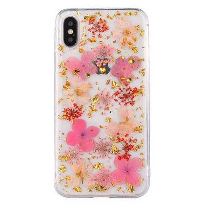 Gold Foil Real Flower Pattern Transparent Anti-Scratch Soft TPU Back Cover Protective Case for iPhone X / XS - Gold Foils Pink Clovers