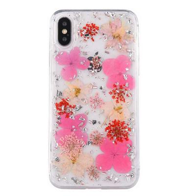 Gold Foil Real Flower Pattern Transparent Anti-Scratch Soft TPU Back Cover Protective Case for iPhone X / XS - Silver Foils Pink Clovers