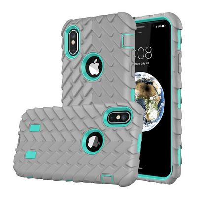 Tire Pattern Color Version 3 in 1 Detachable Shock Absorption Bumper Design Extra Side Grip Hard PC + Soft Silicone Hybrid Back Cover Case for iPhone X - Grey + Baby Blue