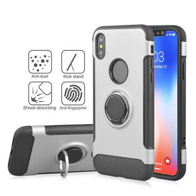 Angibabe Carbon Fiber Shockproof 2 in 1 Hard PC + Soft TPU with Magnetic Adsorption and 360° Rotatable Bracket Back Cover Protective Case for iPhone X - Silver
