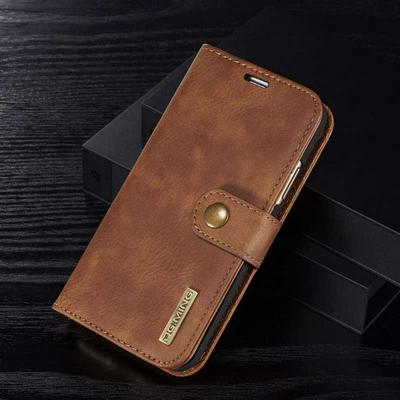 DG.MING Side Flip Double Folded Magnetic Detachable Leather Coated Hard PC + Genuine Leather Card Slots with Buckle and Stand Case for iPhone X - Brown