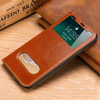 Oil Wax Automatic Adsorption Side Flip PU Leather + Soft TPU Caller ID Window with Sliding Window and Stand Wallet Protective Case for iPhone X - Khaki