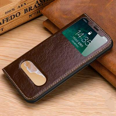 Oil Wax Automatic Adsorption Side Flip PU Leather + Soft TPU Caller ID Window with Sliding Window and Stand Wallet Protective Case for iPhone X - Coffee