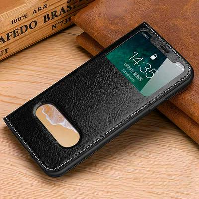 Oil Wax Automatic Adsorption Side Flip PU Leather + Soft TPU Caller ID Window with Sliding Window and Stand Wallet Protective Case for iPhone X - Black
