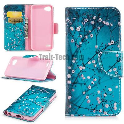 Color Painted Wallet Style Side Flip PU Leather + Soft TPU Card Slots with Stand and Magnetic Buckle Protective Phone Case for LG Q6 / Q6 Plus - Pink Flower Tree