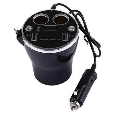 Multi-Function Double Car Cigarette Lighter + 2.1A Dual USB Ports + LED Voltage and Current Value Display + USB-C / Type-C Port + 8 Pin Port Scalable USB Cable Cup Shaped Car Charger for Cars & Smartphones - Black