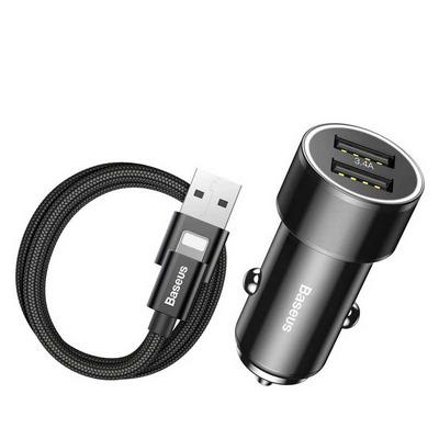Baseus Universal 3.4A Metal Dual USB Car Charger with Charging Cable for iPad iPhone X 5s 5c 6s 7 8 Plus Phone Fast Charge  