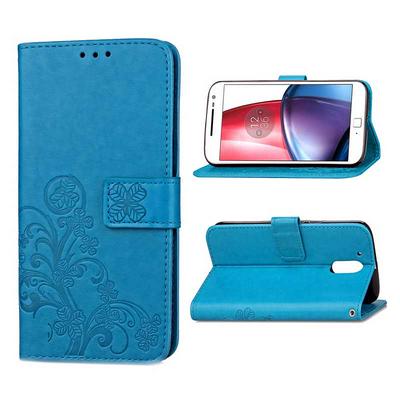 Lucky Four Leaf Clover Embossed Pattern Wallet Style PU Leather + Soft TPU Strap with Stand and Magnetic Buckle Case for Motorola Moto G4 - Blue