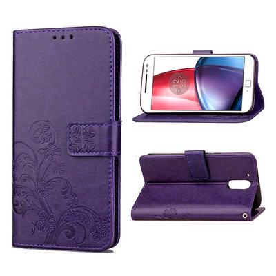 Lucky Four Leaf Clover Embossed Pattern Wallet Style PU Leather + Soft TPU Strap with Stand and Magnetic Buckle Case for Motorola Moto G4 - Purple