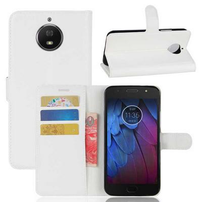 Litchi Pattern Side Flip PU Leather + Soft TPU Card Holder with Stand and Magnetic Buckle Case for Motorola Moto G5S Plus - White
