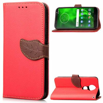 Wrist Strap PU Leather + Soft TPU Card Holder with Leaf Magnetic Buckle and Stand Support Wallet Case for Motorola Moto G6 Play - Red