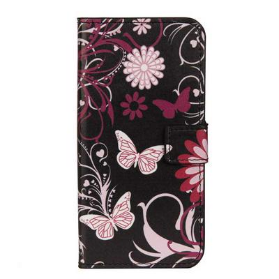 Color Painted Side Flip PU Leather + Soft TPU Card Slots with Magnetic Buckle and Stand Wallet Protective Case for Motorola Moto E5 Play / E Play (5th Gen.) - Pink Flowers and Butterflies
