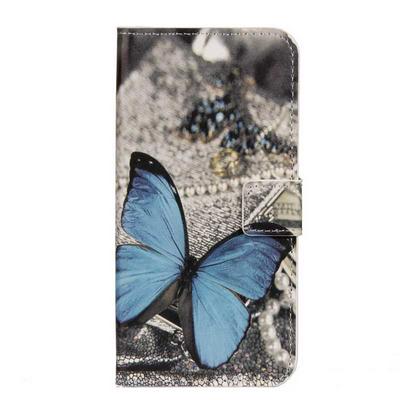 Color Painted Side Flip PU Leather + Soft TPU Card Slots with Magnetic Buckle and Stand Wallet Protective Case for Motorola Moto E5 Play / E Play (5th Gen.) - Blue Butterfly