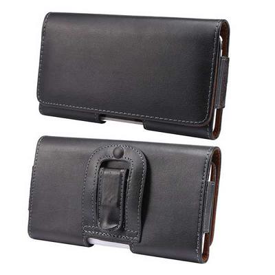 Up and Down Open Genuine Leather Carrying Pouch with Belt Clip and Magnetic Flap Closure Case for Universal Mobile Phones - Black