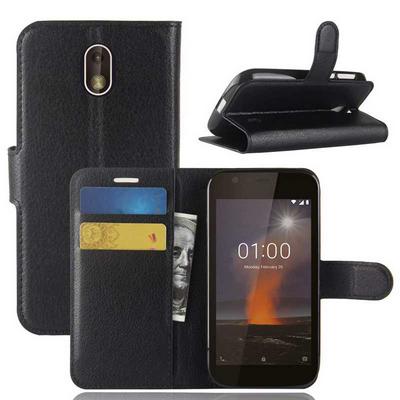 Litchi Pattern Wallet Stand Card Holder Slots PU Leather + TPU Protective Cover Case for Nokia 1 - Black