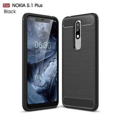 Brushed Carbon Fiber Shockproof Non-Slip Anti-Scratch Soft TPU Back Cover Protective Case for Nokia 5.1 Plus / X5 - Navy Blue