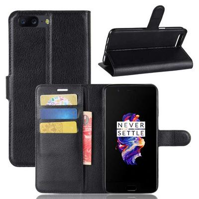 Litchi Pattern Side Flip PU Leather + Soft TPU Card Slots with Stand and Magnetic Buckle Case for OnePlus 5 - Black