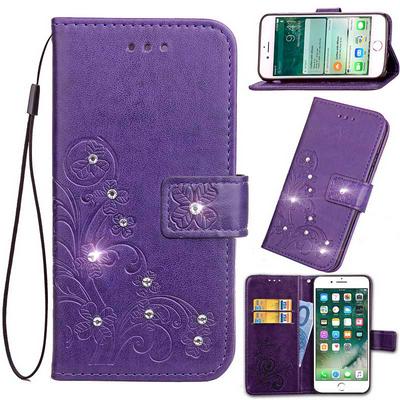 Embossed Lucky Four-Leaf Clover Pattern Diamond Studded PU Leather + Soft TPU Card Slots with Wrist Strap and Stand Wallet Protective Case for Samsung Galaxy S9 - Purple