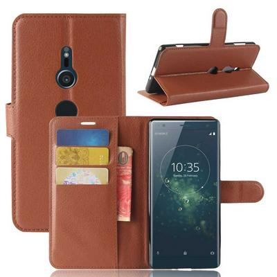 Lichee Pattern Solid Color Side Flip PU Leather + Soft TPU Card Slots with Stand and Magnetic Buckle Wallet Case for Sony Xperia XZ2 - Brown