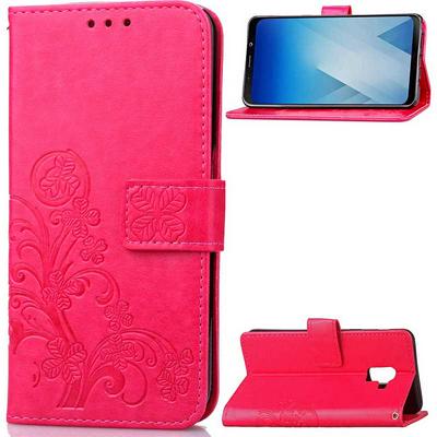 Embossed Lucky Clover with Wrist Strap PU Leather + Soft TPU Card Holder with Stand Support Wallet Case for Samsung Galaxy A5 (2018) - Rose Red