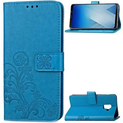 Embossed Lucky Clover with Wrist Strap PU Leather + Soft TPU Card Holder with Stand Support Wallet Case for Samsung Galaxy A5 (2018) - Blue