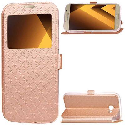 Diamond Pattern Caller ID Window Car4d Holder Slots with Magnetic Buckle Stand PU Leather + TPU Cover Case for Samsung Galaxy A5 (2017) - Gold