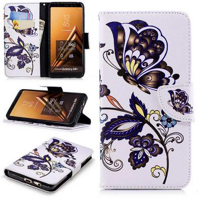 The 7th Colored Painting with Wallet Card Slots Stand Magnetic Flip PU Leather + TPU Back Cover Case for Samsung Galaxy A8+ (2018) / A730 - Butterfly