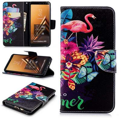 The 7th Colored Painting with Wallet Card Slots Stand Magnetic Flip PU Leather + TPU Back Cover Case for Samsung Galaxy A8+ (2018) / A730 - Flamingo