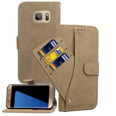Wallet Style Frosted PU Leather + Soft TPU Rotatable Three Card Slots with Stand and Photo Frame Case for Samsung Galaxy S7 / G9300 - Khaki