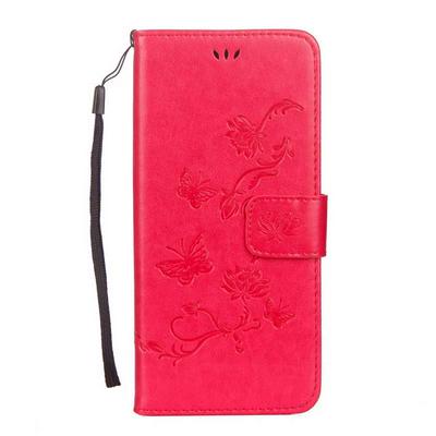 Lotus and Butterfly Pattern Wrist Strap PU Leather + Soft TPU with Wallet Stand and Card Slots Protector Case for Samsung Galaxy S8 / G9500 - Red