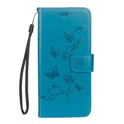 Lotus and Butterfly Pattern Wrist Strap PU Leather + Soft TPU with Wallet Stand and Card Slots Protector Case for Samsung Galaxy S8 / G9500 - Blue