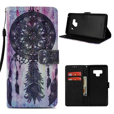 3D Color Painted Side Flip PU Leather + Soft TPU Card Slot with Magnetic Buckle Wrist Strap and Stand Wallet Protective Case for Samsung Galaxy Note 9 - Black Wind Chime