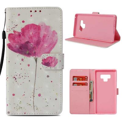 3D Color Painted Side Flip PU Leather + Soft TPU Card Slot with Magnetic Buckle Wrist Strap and Stand Wallet Protective Case for Samsung Galaxy Note 9 - Rose Red Flower