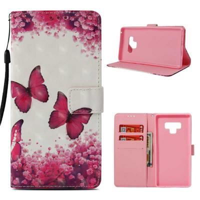 3D Color Painted Side Flip PU Leather + Soft TPU Card Slot with Magnetic Buckle Wrist Strap and Stand Wallet Protective Case for Samsung Galaxy Note 9 - Pink Butteflies