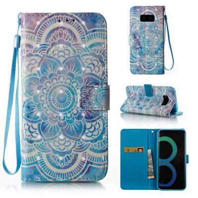 3D Wallet Style PU Leather + Soft TPU Wrist Strap with Stand and Card Holder Case for Samsung Galaxy S8 / G9500 - White Flower Pattern