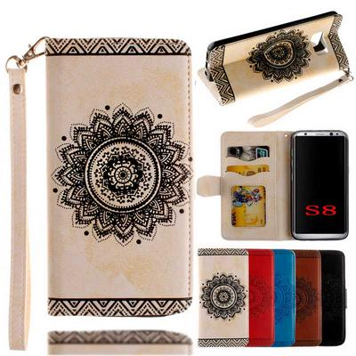 Relief Mandala Pattern with Wrist Strap Wallet  Card Holder Stand Support Picture Frame PU Leather +  TPU Phone Case for Samsung Galaxy S8 / G9500 - White