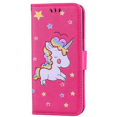 Unicorn Pattern Glitter Powder Side Flip Design PU Leather + Soft Black TPU Picture Frame with Card Slots and Stand Wallet Case for Samsung Galaxy S8 / G9500 - Rose Red